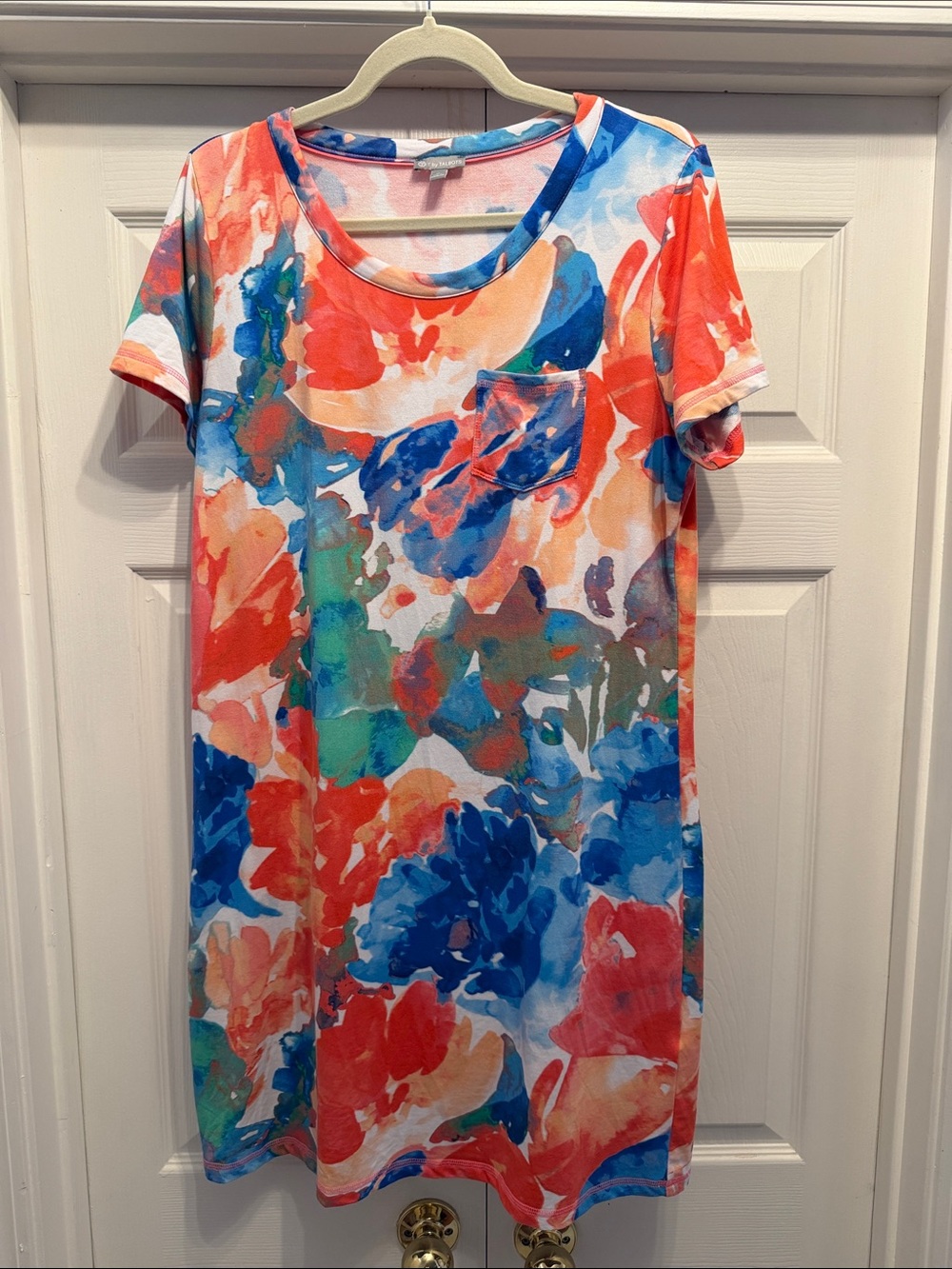 Talbots Short Sleeve Floral Watercolor Tunic Dress - Blue, Coral, Green